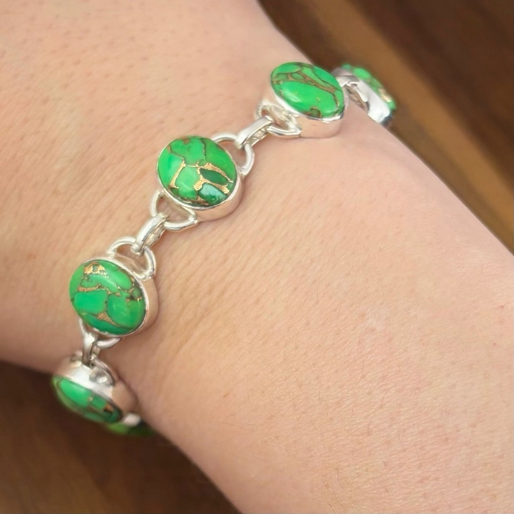 Southwest Boho Genuine Green Copper Turquoise Gemstone Bracelet New 925 Silver